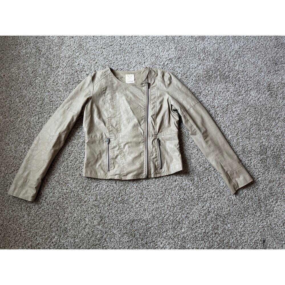 Pins and Needles Tan Faux Leather Moto Jacket Large Asymmetric Zipper